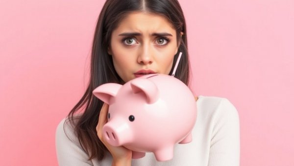 Concerned woman emptying piggy bank, emergency fund tips.