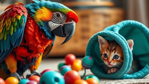 Colorful parrot and kitten in playful settings reflect Vancouver pets charm.