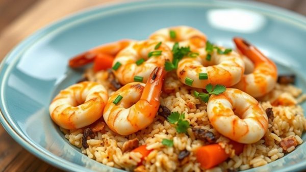 Vancouver shrimp recipes: colorful shrimp and chorizo dish in blue bowl.