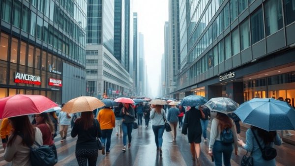 Vancouver rain and snow warning: people with umbrellas on rainy street.