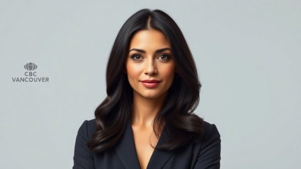 Vancouver local news reporter with CBC Vancouver logo in studio.