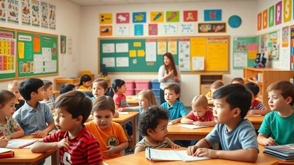 Children engaging in a lively kindergarten classroom environment.