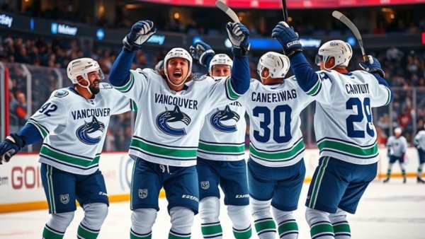 Vancouver Canucks players celebrating during a hockey game.