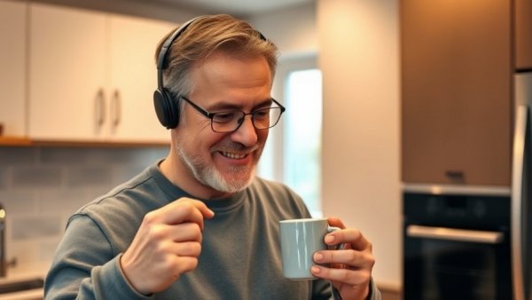 Middle-aged man in kitchen smiling at phone, demonstrating emotional skills men develop.