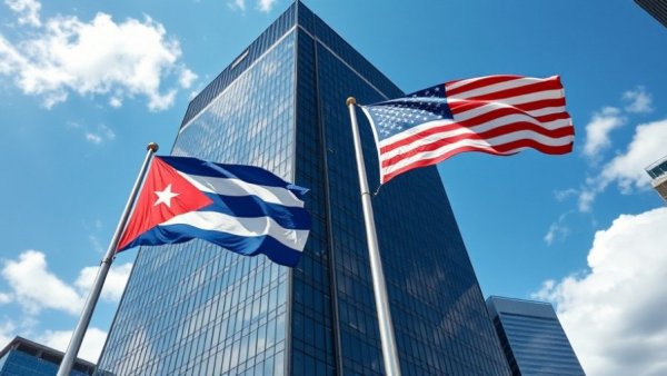 Flags of the USA and Cuba near modern building, clear sky.