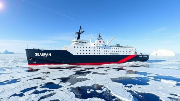 Sleek Seaspan icebreaker design plowing through icy waters under a blue sky.