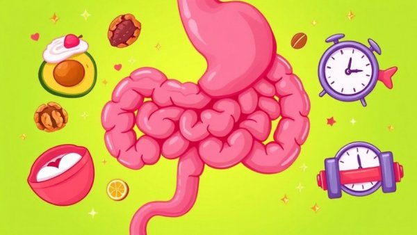 Illustration of foods and activities to boost gut health including avocado and yogurt.