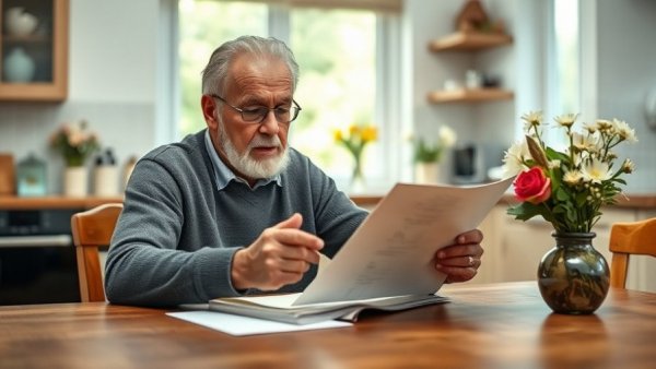 Concerned older man checking documents about lowered APY in kitchen.