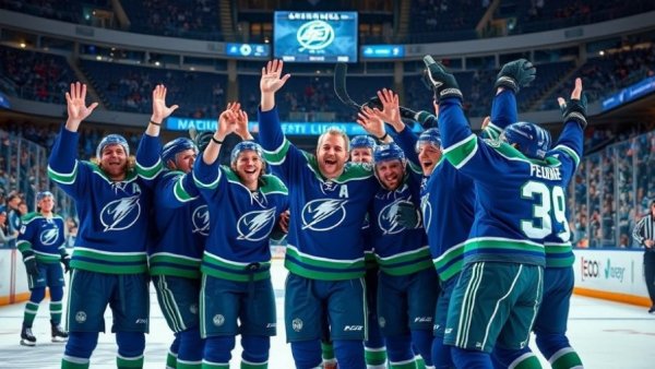 Vancouver Canucks hockey team celebrating a victory on the ice rink.
