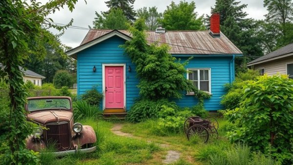 Aging blue house with overgrown yard in Vancouver real estate market.
