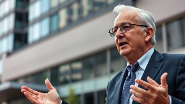 Confident man speaking outdoors with modern building background, related to U.S. Preventive Services Task Force topic.
