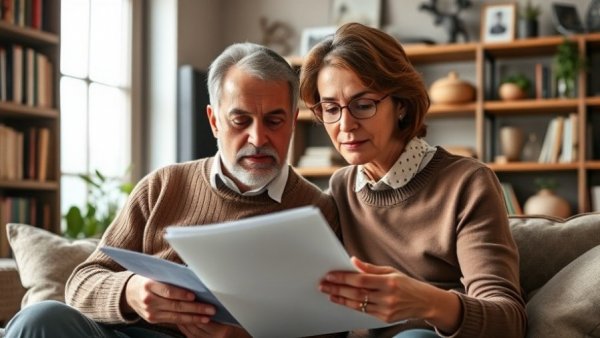 Focused couple reviewing documents about home insurance in a cozy living room.