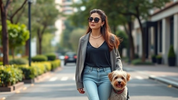 Young woman walking a small dog on a city street for rehoming pets for child safety.