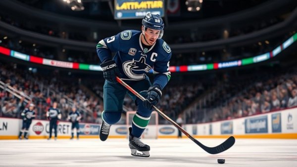 Vancouver Canucks player handling puck on ice during game.