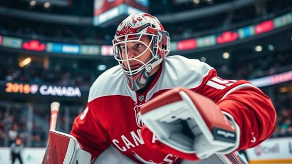 Team Canada goaltender focused on defense during match.