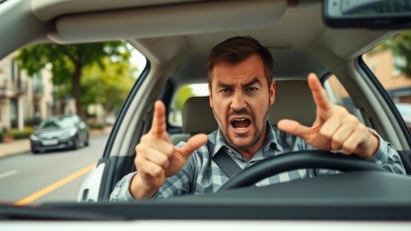 Frustrated driver gesturing angrily in a white car on street.