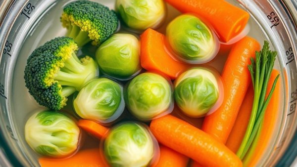 Brining vegetables for flavor: broccoli, Brussels sprouts, and carrots submerged in liquid.