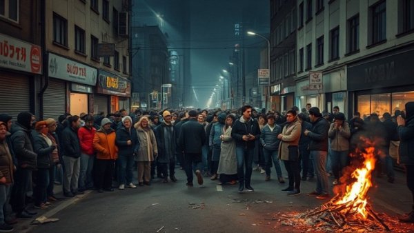 Nighttime anti-government protests in Iran with crowd and debris.