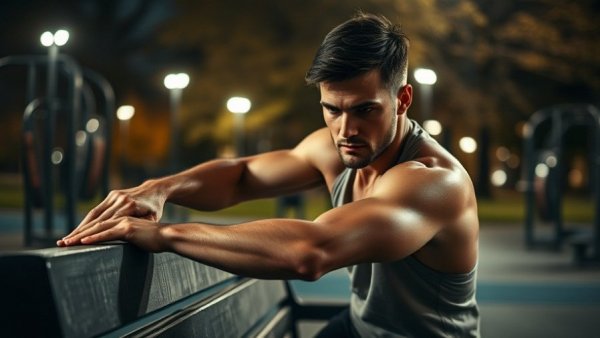 Athletic male stretching in park at night, best time of day to work out.