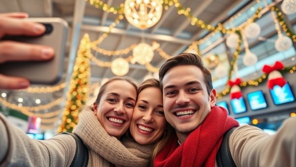Couple takes selfie in festive airport with holiday decor and YEG sign.