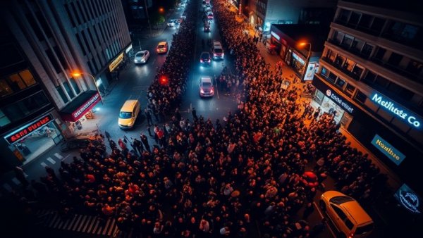 Nighttime protest in Iran, crowded city streets, illuminated by lights.
