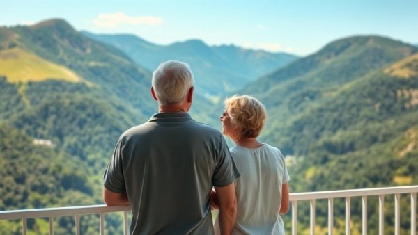 Retired couple enjoying mountain view, best splurge destinations.