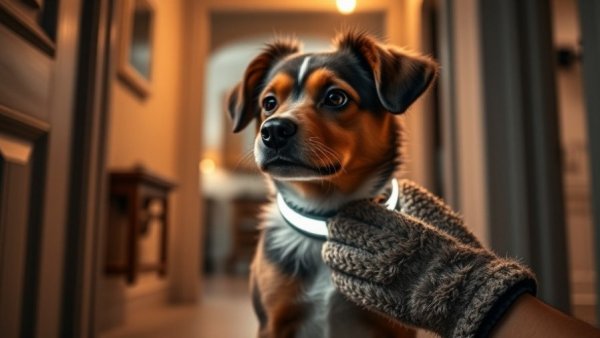 Dog with glowing collar and grooming gloves showcasing 2026 pet products.