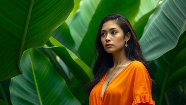 Introspective woman among tropical leaves, mental health theme.