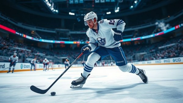 NHL player in action during game with focus on puck in arena.