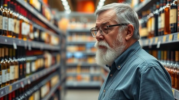 Older man choosing iconic liquors in a busy store aisle.