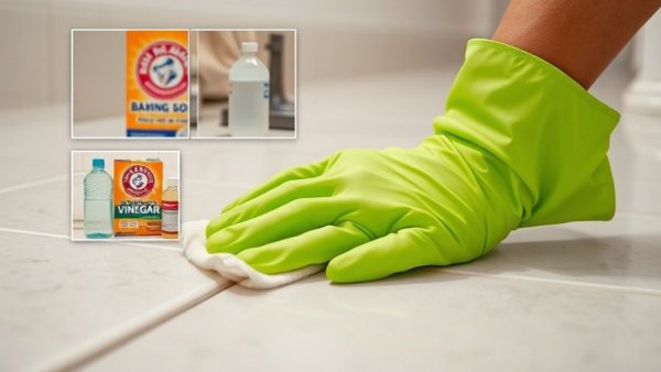 Using baking soda and vinegar to clean grout on tiled floor, close-up.