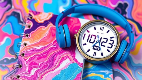 Colorful New Year's resolutions deals items with planner, clock, headphones.