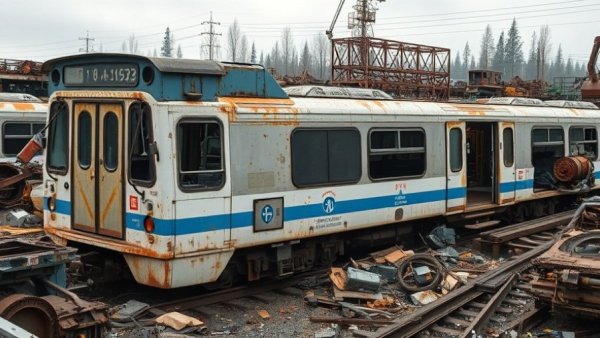 Old SkyTrain cars in metal scrapyard for Vancouver SkyTrain retirement.
