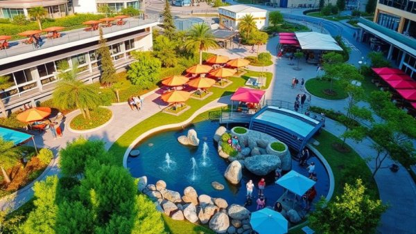 Aerial view of Vancouver urban park with vibrant umbrellas and greenery.