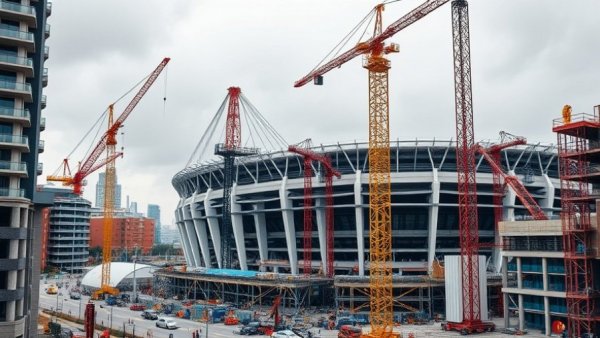 Montreal’s Olympic Stadium renovation with cranes and construction.