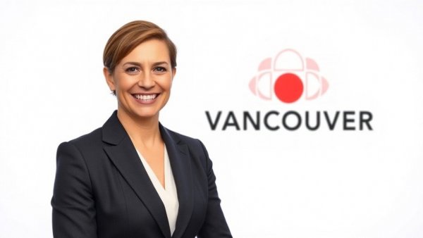 Vancouver local news anchor posing, CBC Vancouver logo
