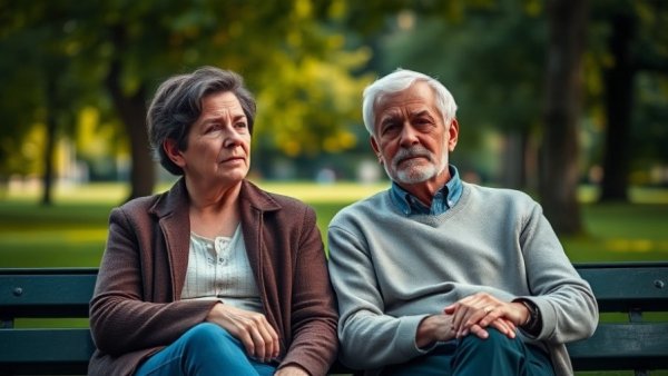 Middle-aged couple contemplating in a park, lush background, professional advice Vancouver.