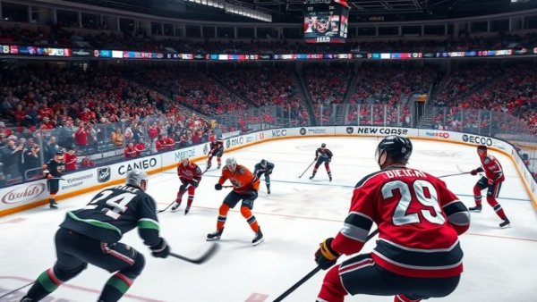 NHL hockey game action with cheering fans and vibrant team uniforms.