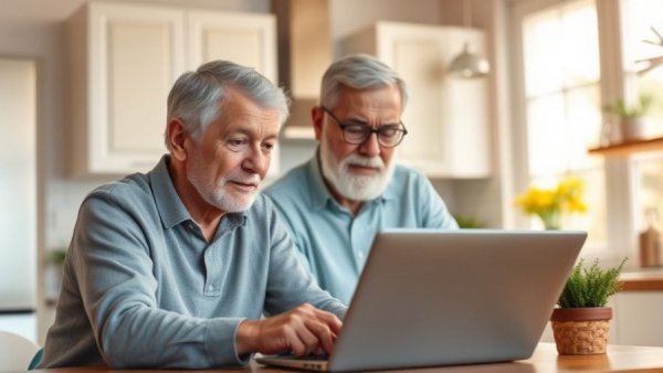 Older couple at kitchen table conducting bank compliance reviews on laptop.