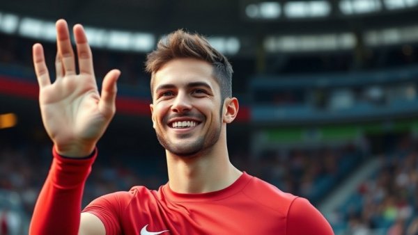 Smiling athlete in red waves to crowd at retirement event