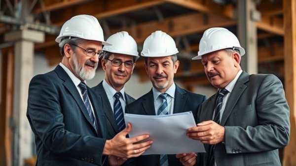 Mature men in suits with white hard hats discussing a document in a construction setting, exploring Federal Reserve legal challenges.