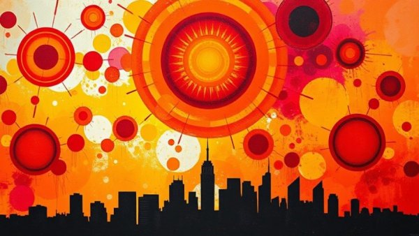 Vibrant abstract city skyline with colorful circles, Denver arts & culture.