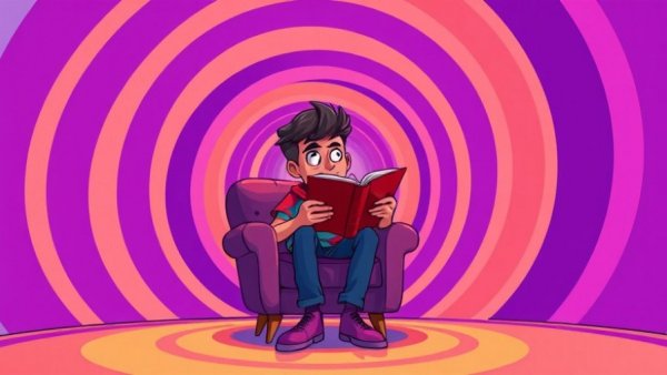 Surreal cartoon of person reading, colorful concentric circles background.
