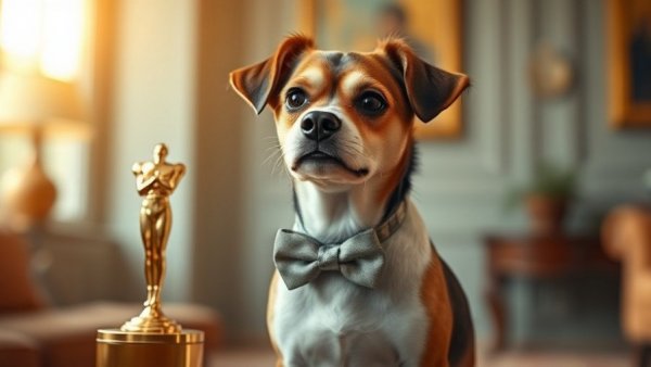 Dog wins acting award standing proudly with trophy.