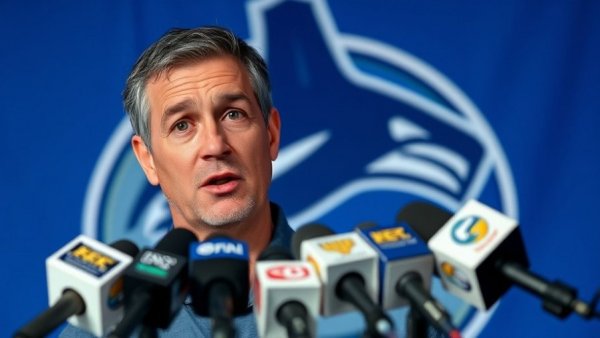 Vancouver Canucks press conference with a man speaking to media.
