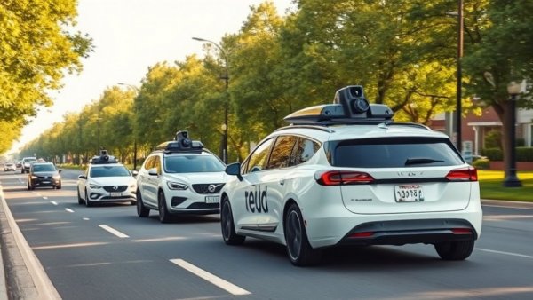 White self-driving cars on a suburban road with greenery, relating to self-driving cars legislation in New York.