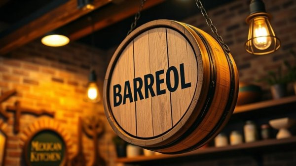 Warm wooden barrel sign at La Loma kitchen, highlighting interior decor.