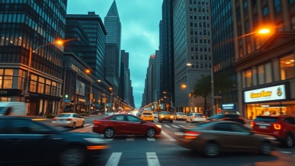 Dramatic city intersection scene with blurred cars suggesting urgency in Vancouver hit-and-run news.