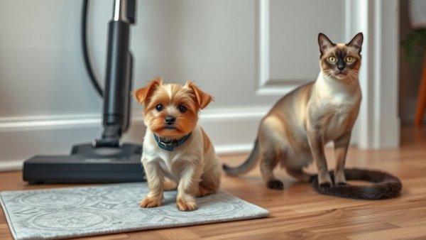 Vancouver pets cleaning solutions featuring dog on pee pad and cat with vacuum.
