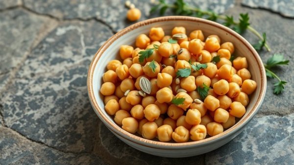 Healthy chickpeas dish with herbs and seeds on textured surface.